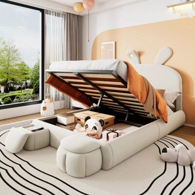 MODFU Camas dobles canapé infantiles 140x200cm - beige - taburetes de almacenamiento - orejas de conejo LED - Bed MODFU Camas dobles canapé infantiles 140x200cm - beige - taburetes de almacenamiento - orejas de conejo LED - Bed