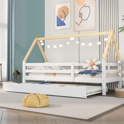 MODFU - Cama nido infantil 90x200 - Blanco - Natural - Bed MODFU - Cama nido infantil 90x200 - Blanco - Natural - Bed