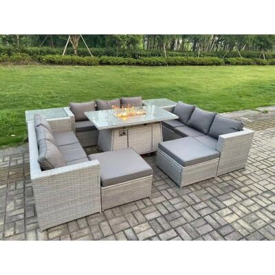 Fimous Outdoor Gartentisch-Set - Rattanmöbel, Gas-Feuerstelle, Esstisch, Heizung, 2 Seitentische, Großer Fußhocker - Gartentisch-Set Fimous Outdoor Gartentisch-Set - Rattanmöbel, Gas-Feuerstelle, Esstisch, Heizung, 2 Seitentische, Großer Fußhocker - Gartentisch-Set
