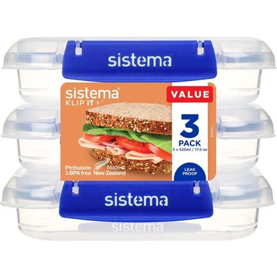 Sistema Blaue Lebensmittelbehälter - 520ml - 3 Stück - Luftdicht Sistema Blaue Lebensmittelbehälter - 520ml - 3 Stück - Luftdicht