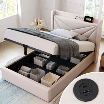 WISHDOR - 90x200 cm - Lino beige - Carga USB-C - Cama con almacenamiento WISHDOR - 90x200 cm - Lino beige - Carga USB-C - Cama con almacenamiento