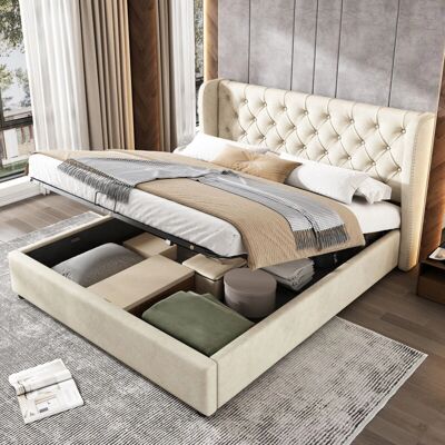 WISHDOR - Letto contenitore 140x200 cm - beige - velvet - storage bed WISHDOR - Letto contenitore 140x200 cm - beige - velvet - storage bed