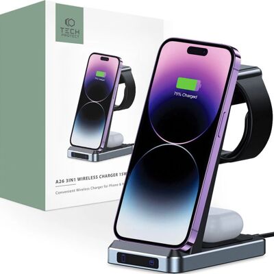 Tech-protect QI15W-A26 3-in-1 Kabelloses Ladegerät - Schwarz Tech-protect QI15W-A26 3-in-1 Kabelloses Ladegerät - Schwarz