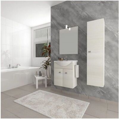 Mueble de baño suspendido Abitare en madera de roble blanco con lavabo cerámico y espejo con lámpara LED - 55cm Mueble de baño suspendido Abitare en madera de roble blanco con lavabo cerámico y espejo con lámpara LED - 55cm