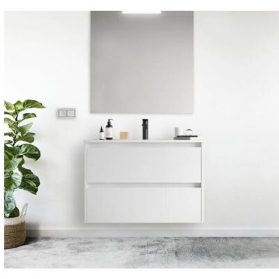 Mueble de baño Caesaroo 100cm Satinado Blanco - Lavabo, Espejo, LED Mueble de baño Caesaroo 100cm Satinado Blanco - Lavabo, Espejo, LED